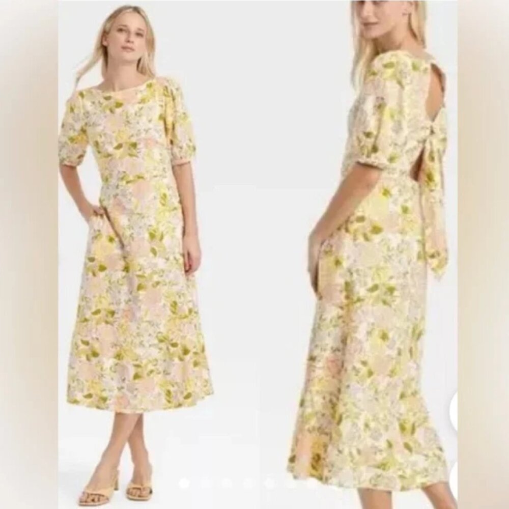 Women's Bishop Elbow Sleeve Tie-Back Dress - Who What Wear™ Beige Floral M